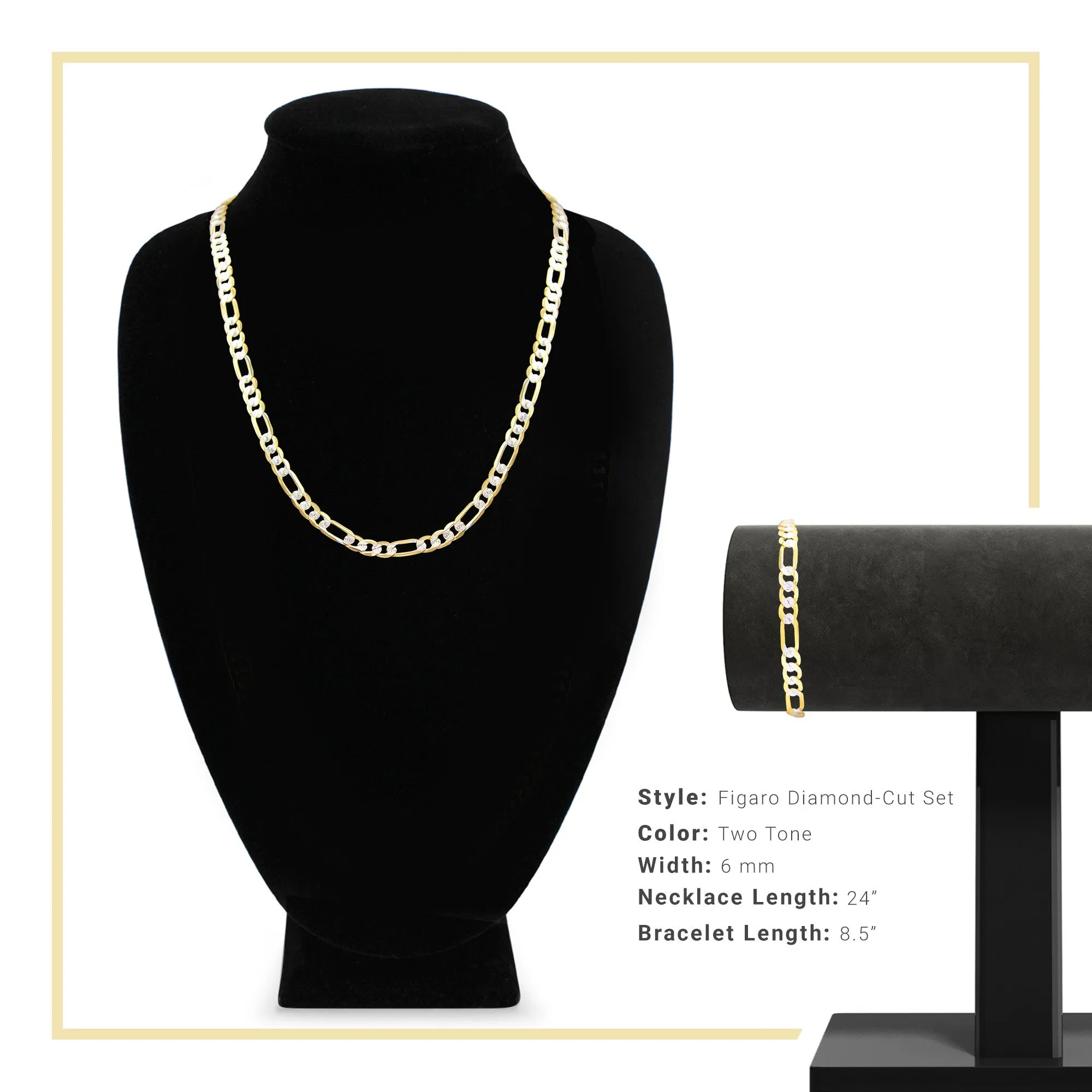 Diamond-Cut 14K Gold Filled Figaro Chain Necklace 24" Bracelet 8.5" Set 6 mm