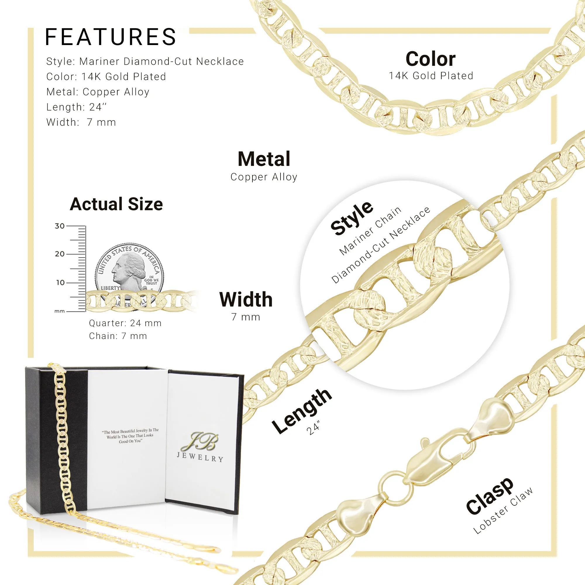 Diamond-Cut 14K Gold Filled Mariner Chain Necklace 24" 7 mm