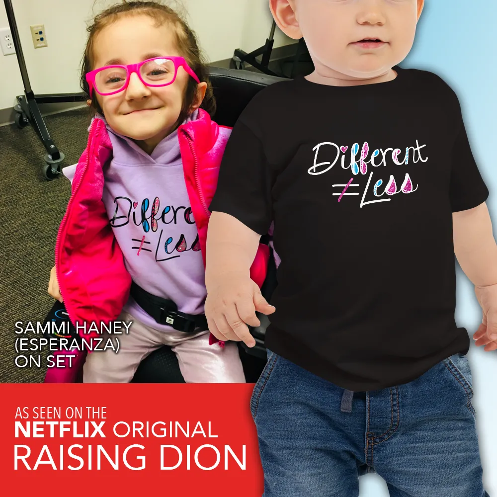 Different Does Not Equal Less (As Seen on Netflix's Raising Dion) Baby Black Shirt with Digital Glitter