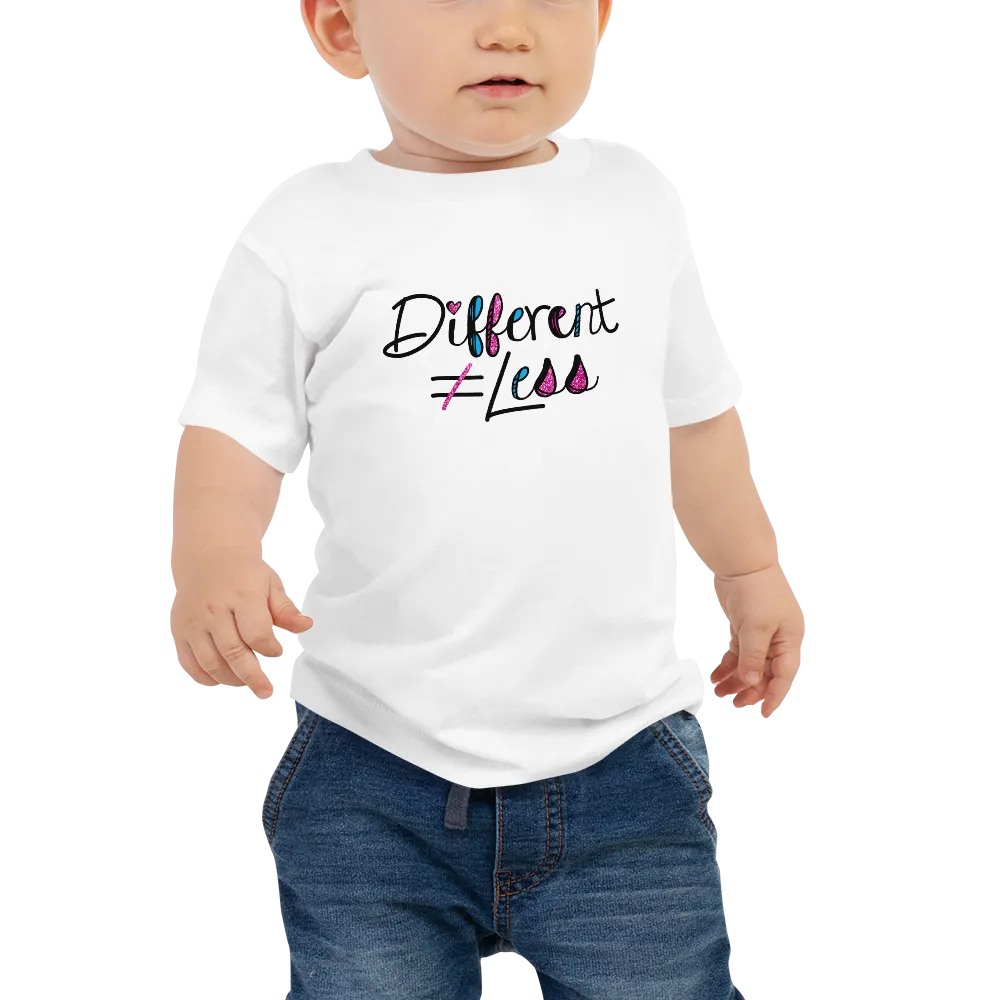 Different Does Not Equal Less (As Seen on Netflix's Raising Dion) White Baby Shirt with Digital Glitter