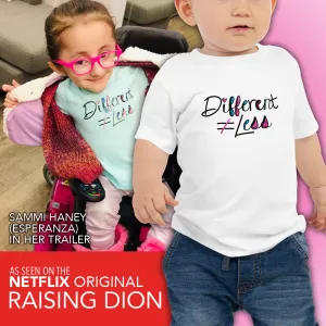 Different Does Not Equal Less (As Seen on Netflix's Raising Dion) White Baby Shirt with Digital Glitter