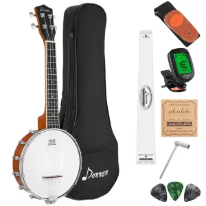 Donner DBU-200 Banjolele, 4 String Banjo Ukulele Concert 23 Inch Remo Sapele Drumhead with Strap, Picks, Strings, Gig Bag, Tunner, Truss Rod, Ruler
