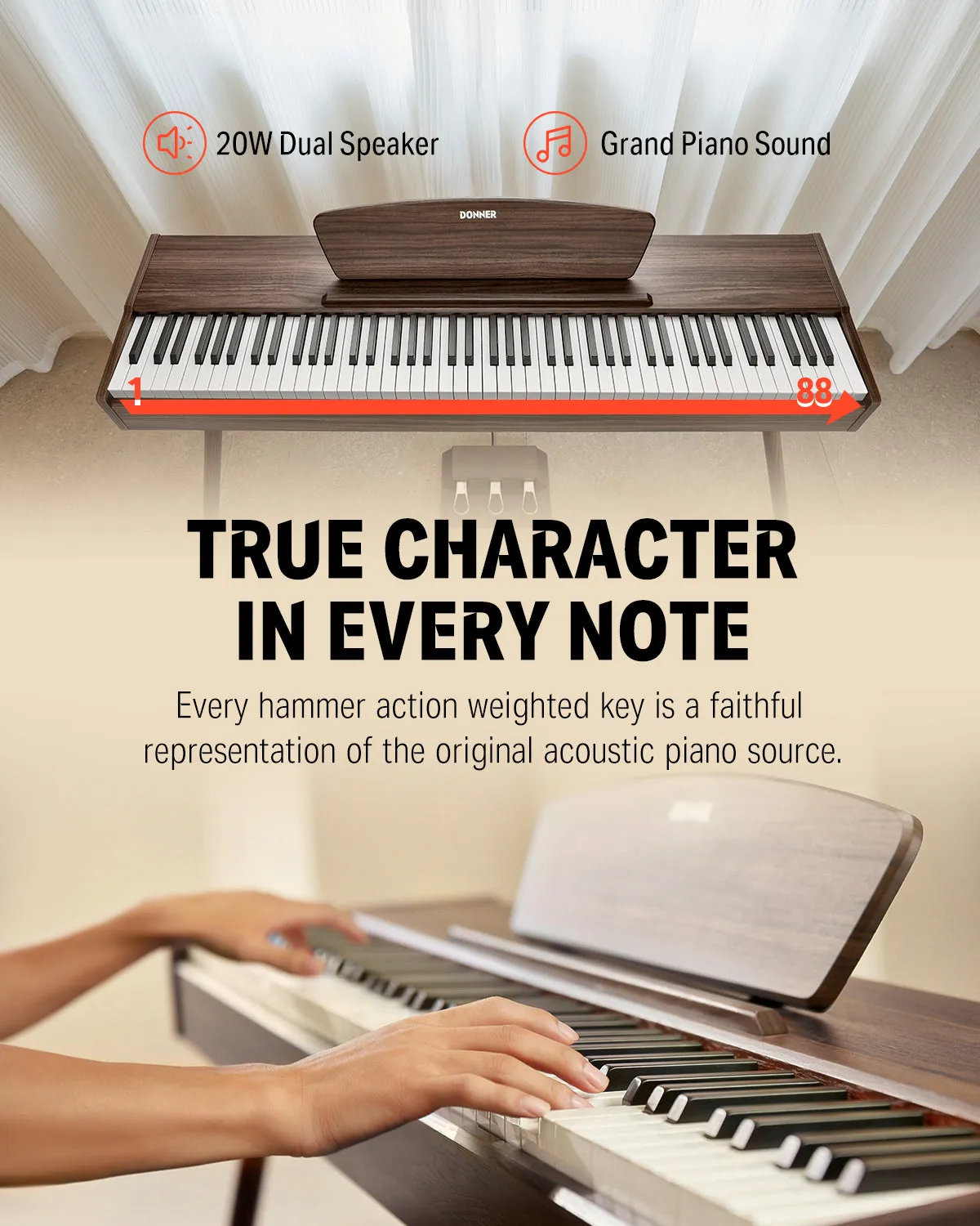 Donner DDP-80 Digital Piano 88 Key Weighted Keyboard, Walnut Wood Color   Pedal