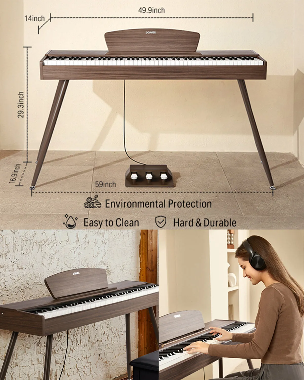 Donner DDP-80 Digital Piano 88 Key Weighted Keyboard, Walnut Wood Color   Pedal