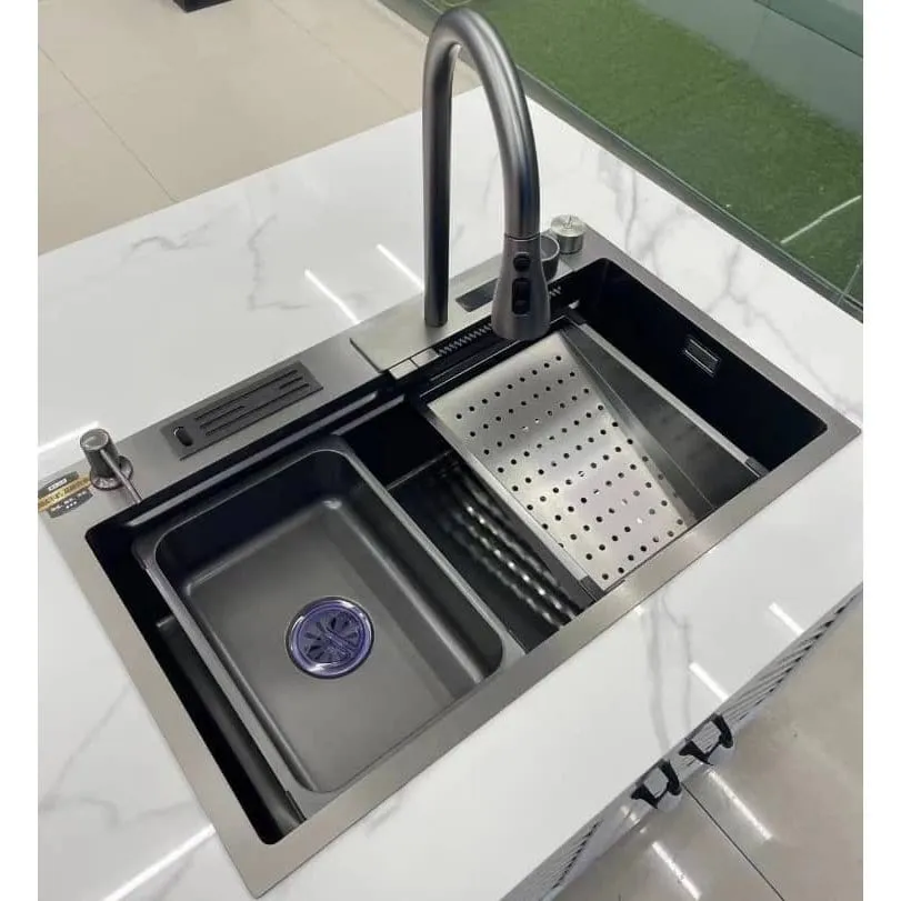 Drop In Double Bowl Kitchen Multi-Sink With Digital Display 75 x 46mm - RS-9993-GM
