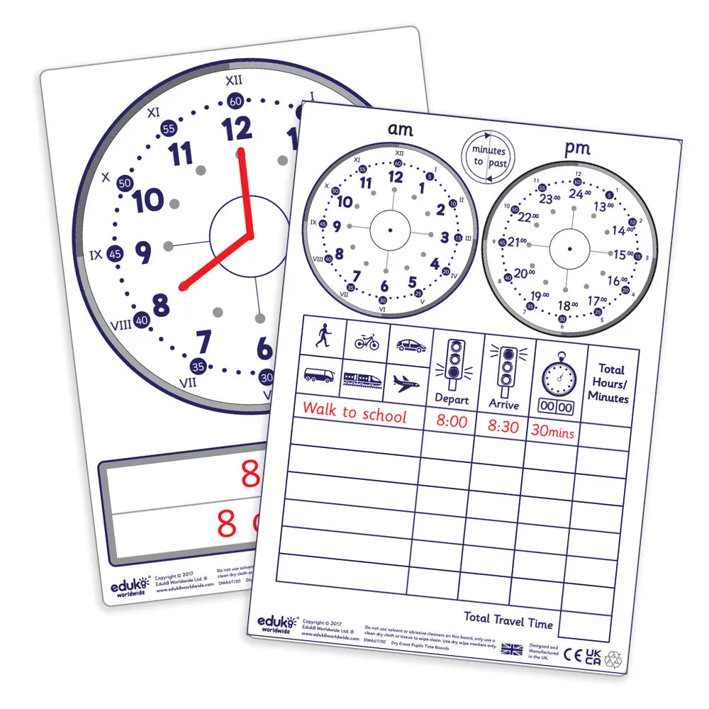 Dry Erase Pupils A4 Time Boards (Pack of 30)