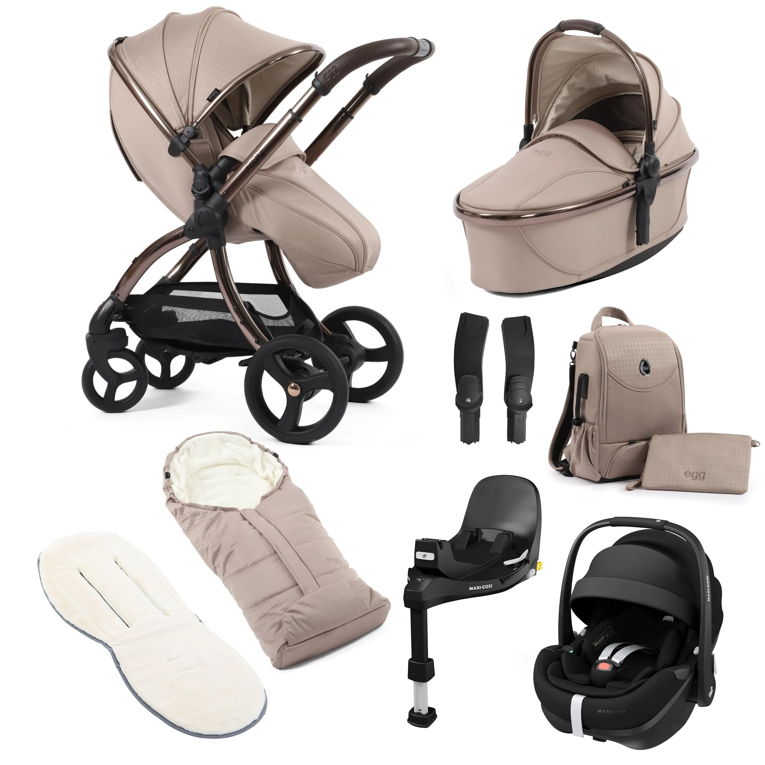 egg3 Luxury Maxi-Cosi Travel System Bundle in Houndstooth Almond