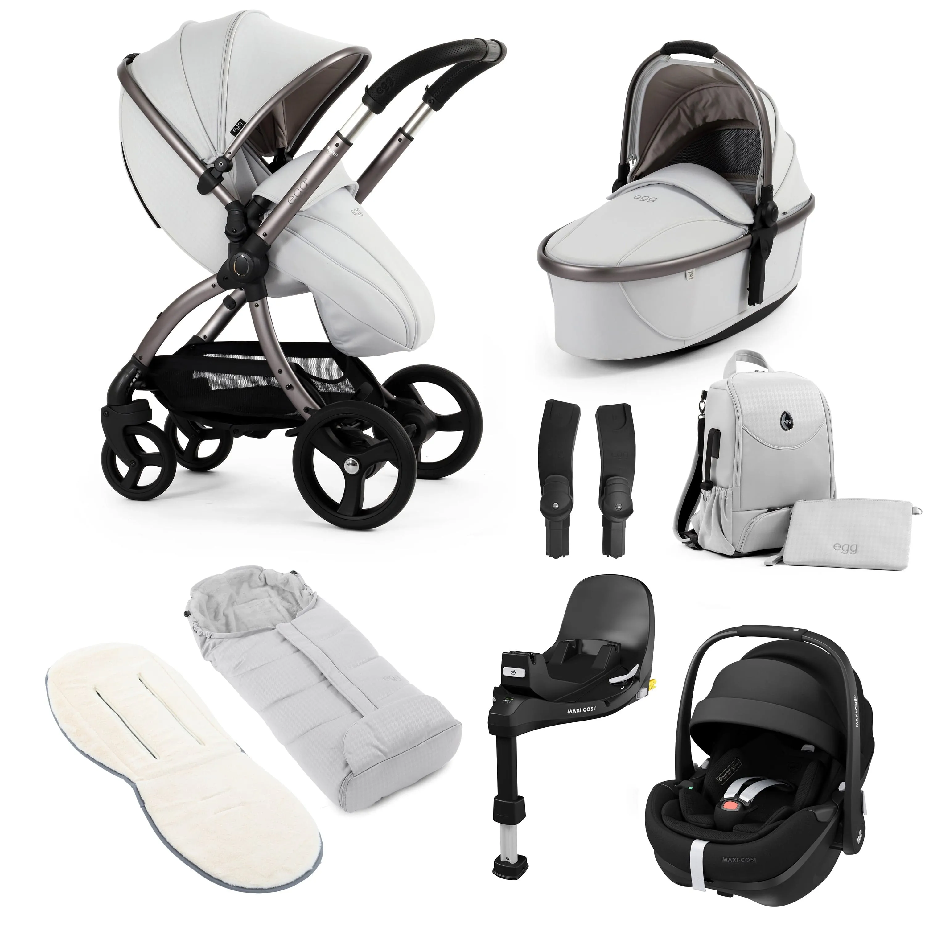 egg3 Luxury Maxi-Cosi Travel System Bundle in Houndstooth Silver