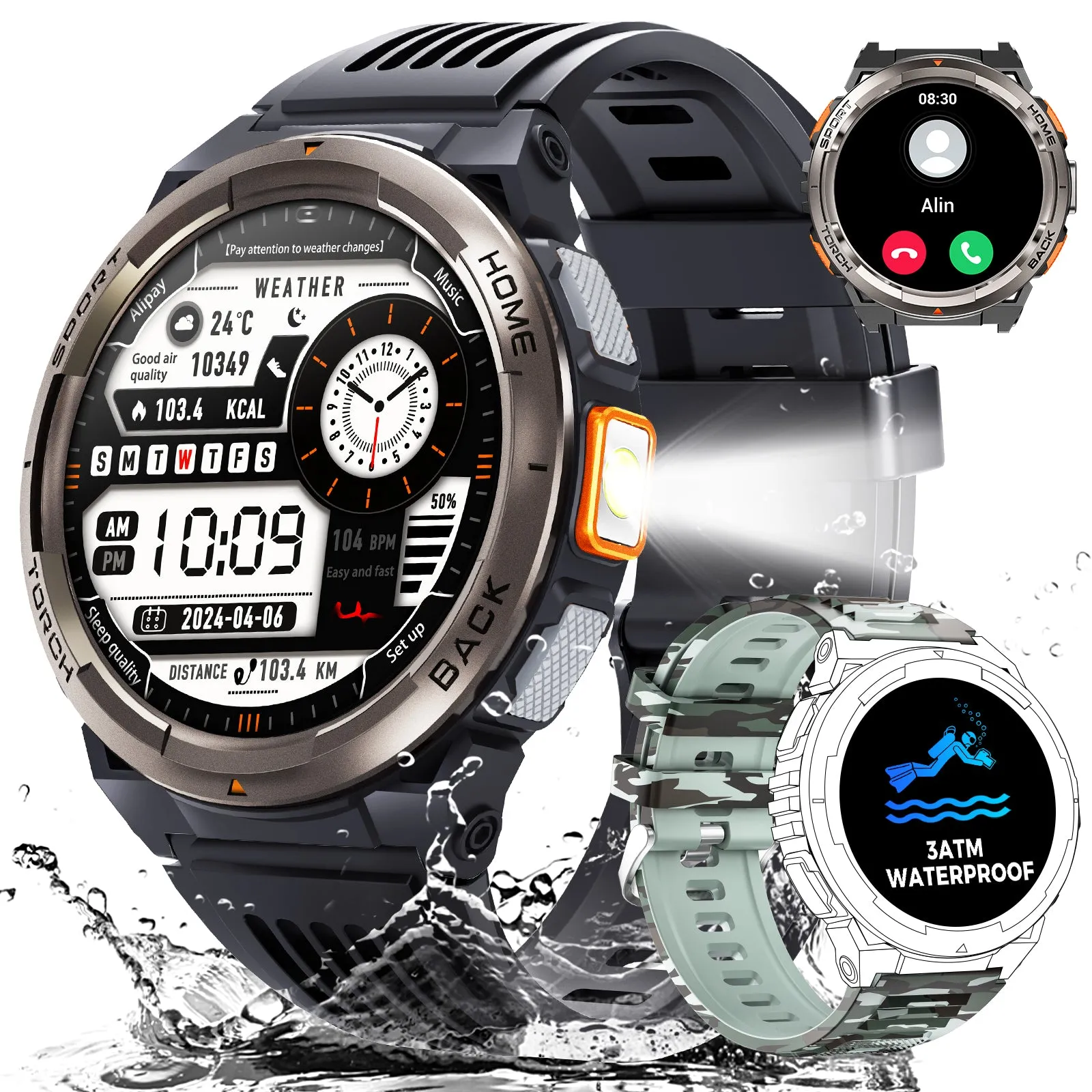 EIGIIS KE5 Military Smart Watch for Men 3ATM Waterproof with LED Flashlight 1.45" Rugged Tactical Smartwatch with Compass Elevation Barometer Sports Fitness Tracker with HR/SPO2/Sleep Monitor for iPhone Android