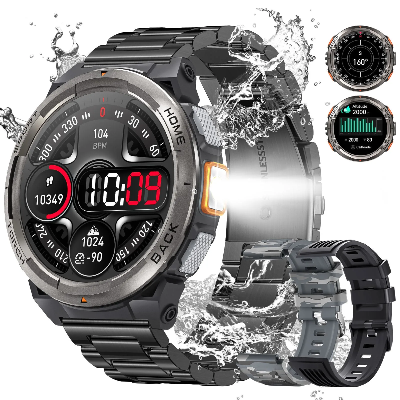 EIGIIS KE5 Military Smart Watch for Men 3ATM Waterproof with LED Flashlight 1.45" Rugged Tactical Smartwatch with Compass Elevation Barometer Sports Fitness Tracker with HR/SPO2/Sleep Monitor for iPhone Android