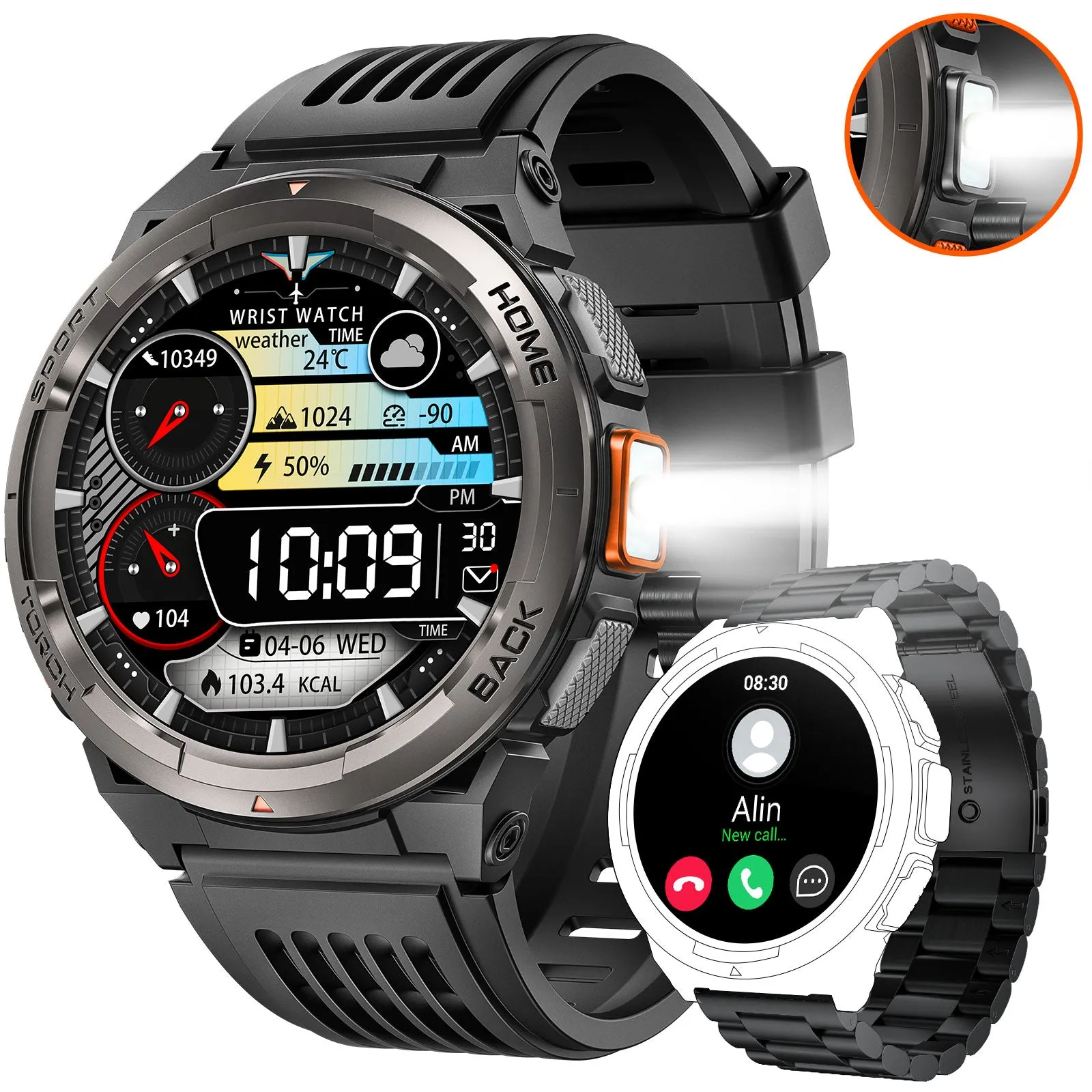 EIGIIS KE5 Military Smart Watch for Men 3ATM Waterproof with LED Flashlight 1.45" Rugged Tactical Smartwatch with Compass Elevation Barometer Sports Fitness Tracker with HR/SPO2/Sleep Monitor for iPhone Android