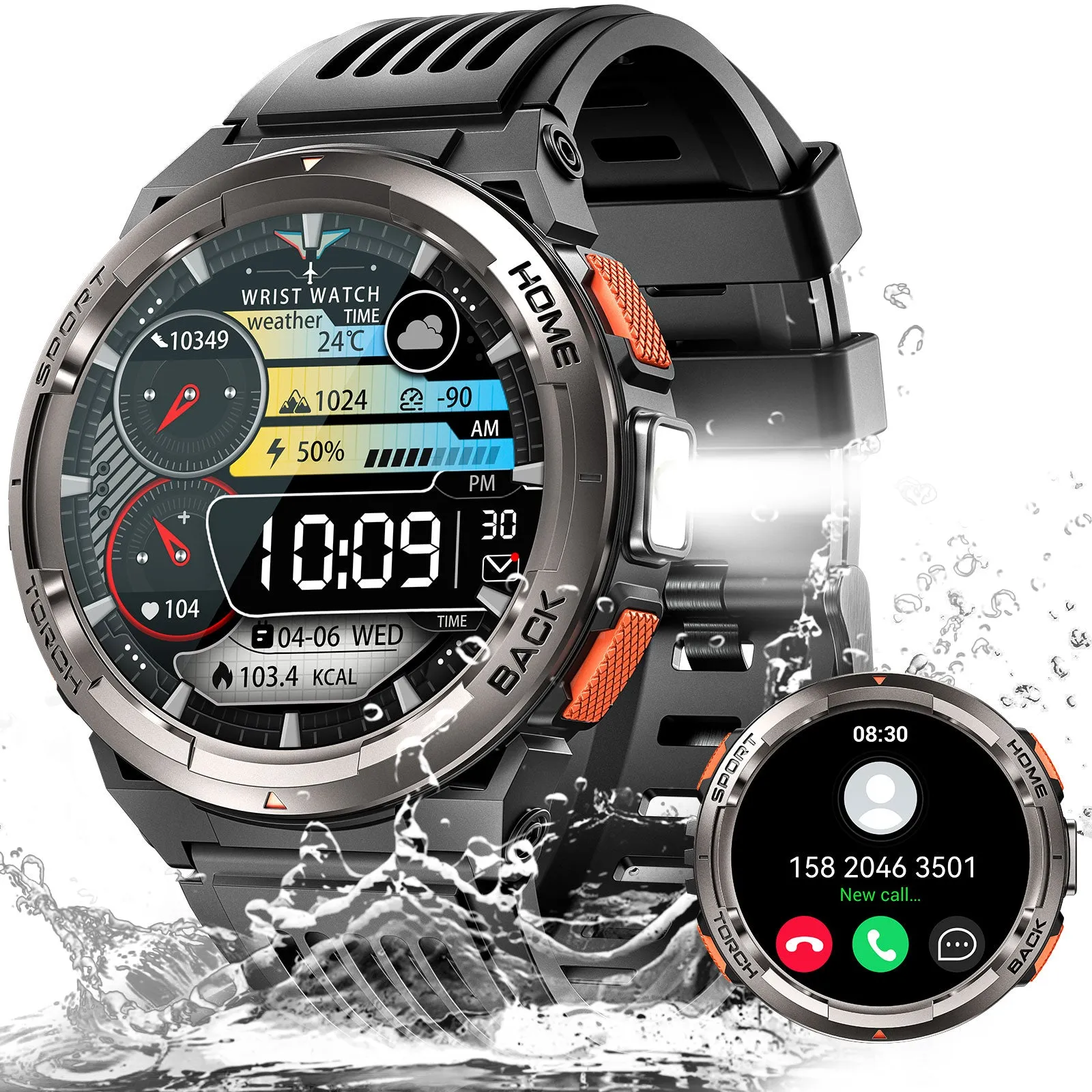EIGIIS KE5 Military Smart Watch for Men 3ATM Waterproof with LED Flashlight 1.45" Rugged Tactical Smartwatch with Compass Elevation Barometer Sports Fitness Tracker with HR/SPO2/Sleep Monitor for iPhone Android