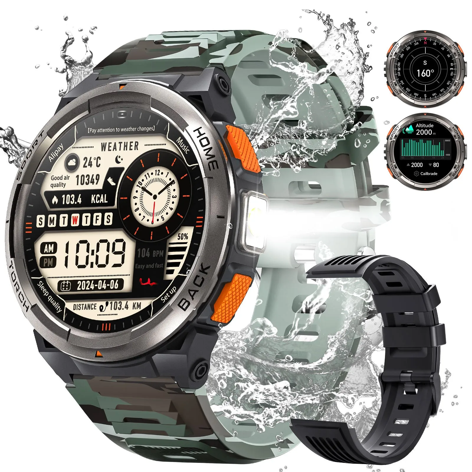 EIGIIS KE5 Military Smart Watch for Men 3ATM Waterproof with LED Flashlight 1.45" Rugged Tactical Smartwatch with Compass Elevation Barometer Sports Fitness Tracker with HR/SPO2/Sleep Monitor for iPhone Android