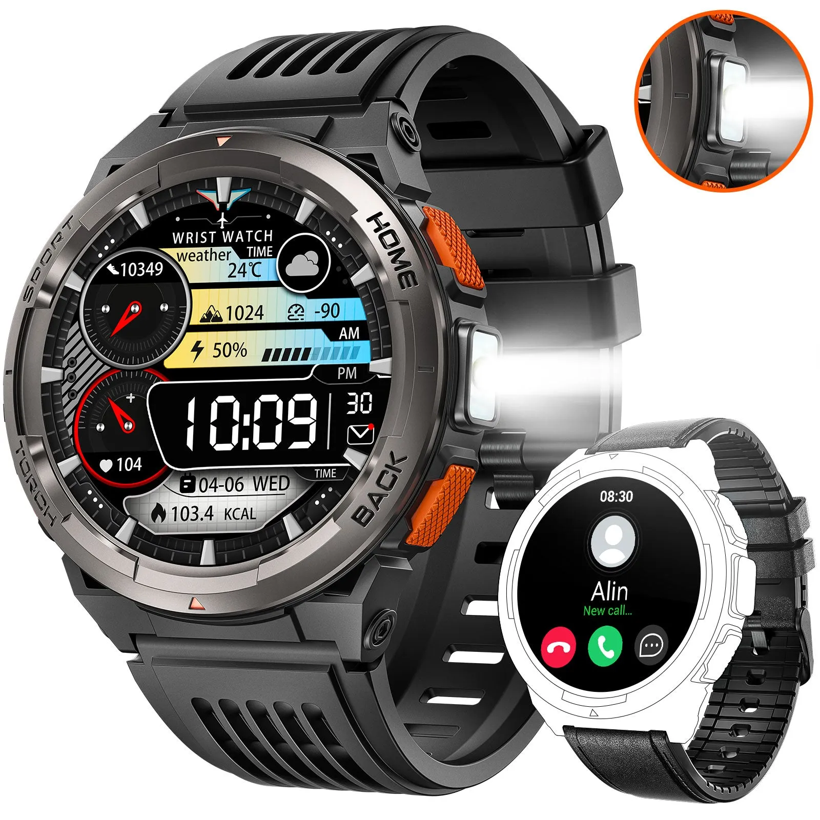 EIGIIS KE5 Military Smart Watch for Men 3ATM Waterproof with LED Flashlight 1.45" Rugged Tactical Smartwatch with Compass Elevation Barometer Sports Fitness Tracker with HR/SPO2/Sleep Monitor for iPhone Android