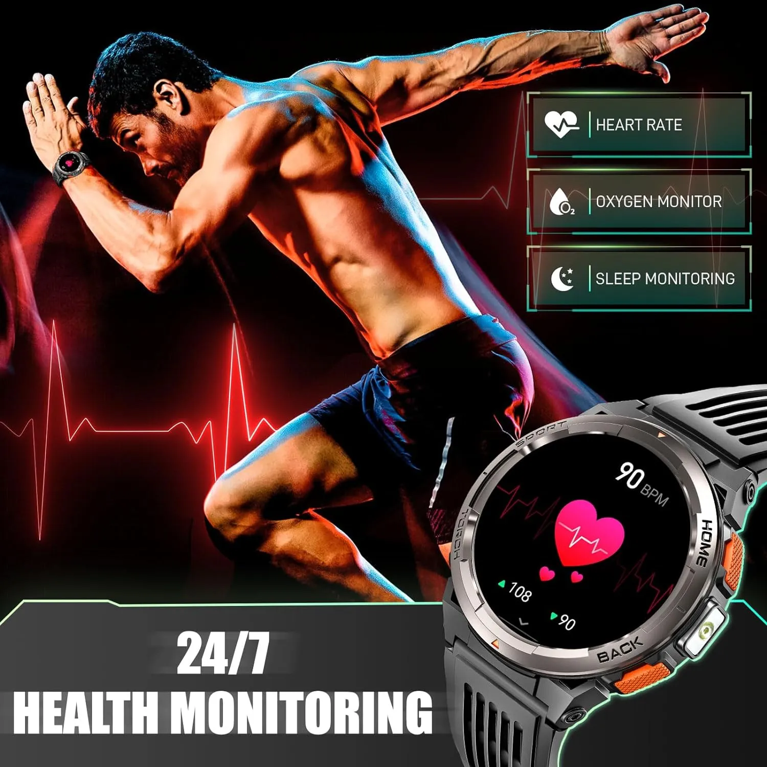 EIGIIS KE5 Military Smart Watch for Men 3ATM Waterproof with LED Flashlight 1.45" Rugged Tactical Smartwatch with Compass Elevation Barometer Sports Fitness Tracker with HR/SPO2/Sleep Monitor for iPhone Android