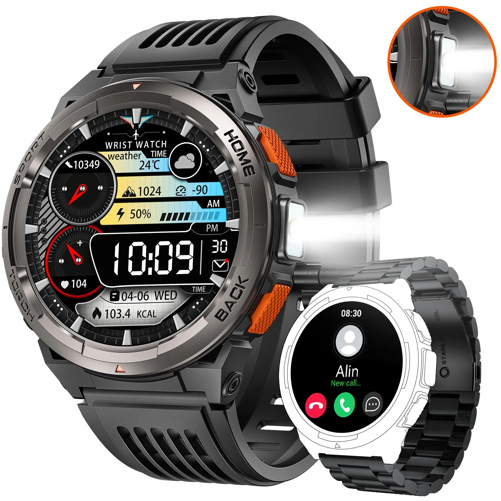 EIGIIS KE5 Military Smart Watch for Men 3ATM Waterproof with LED Flashlight 1.45" Rugged Tactical Smartwatch with Compass Elevation Barometer Sports Fitness Tracker with HR/SPO2/Sleep Monitor for iPhone Android