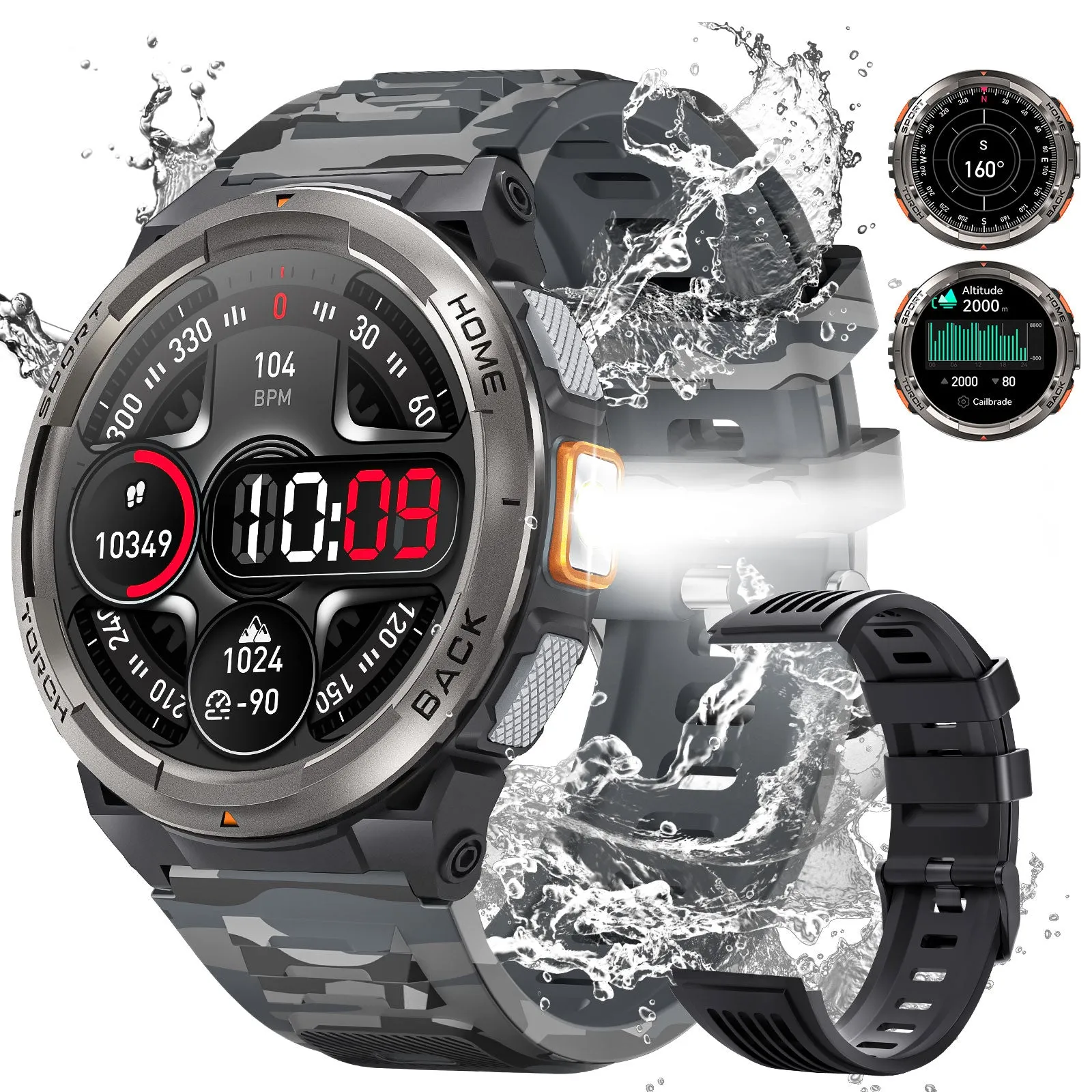 EIGIIS KE5 Military Smart Watch for Men 3ATM Waterproof with LED Flashlight 1.45" Rugged Tactical Smartwatch with Compass Elevation Barometer Sports Fitness Tracker with HR/SPO2/Sleep Monitor for iPhone Android