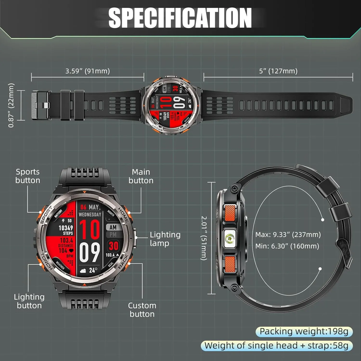 EIGIIS KE5 Military Smart Watch for Men 3ATM Waterproof with LED Flashlight 1.45" Rugged Tactical Smartwatch with Compass Elevation Barometer Sports Fitness Tracker with HR/SPO2/Sleep Monitor for iPhone Android
