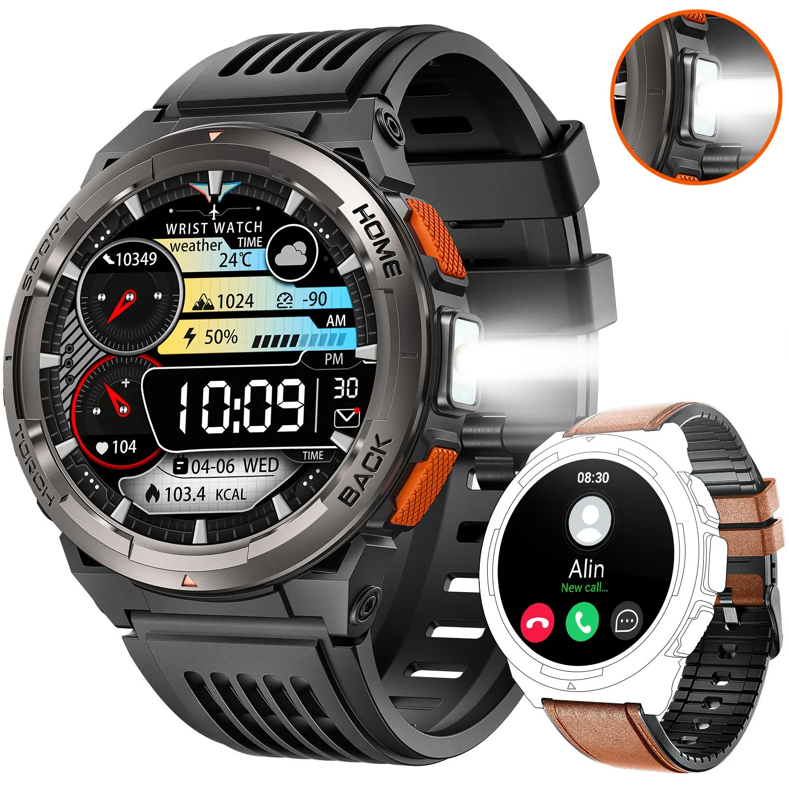 EIGIIS KE5 Military Smart Watch for Men 3ATM Waterproof with LED Flashlight 1.45" Rugged Tactical Smartwatch with Compass Elevation Barometer Sports Fitness Tracker with HR/SPO2/Sleep Monitor for iPhone Android