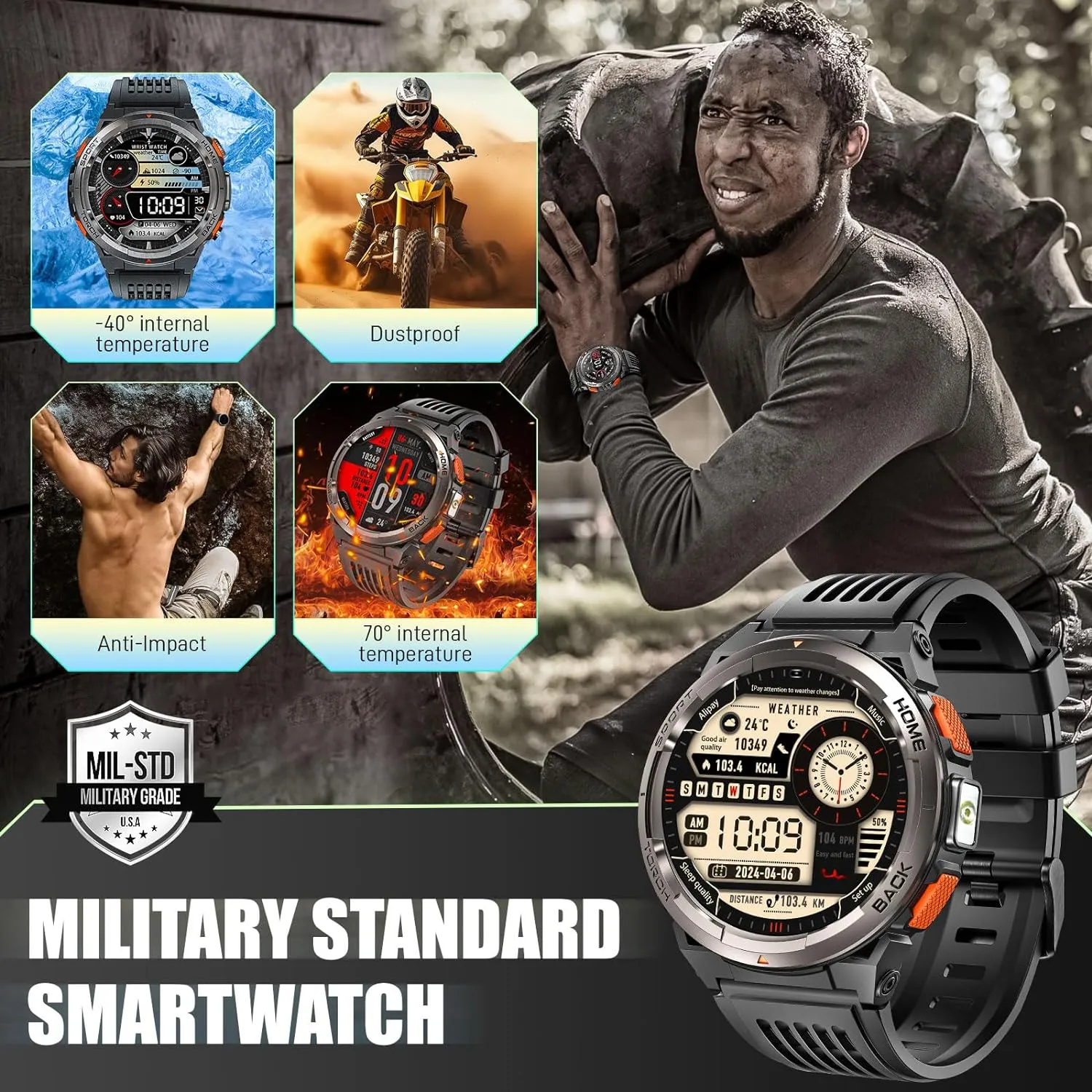 EIGIIS KE5 Military Smart Watch for Men 3ATM Waterproof with LED Flashlight 1.45" Rugged Tactical Smartwatch with Compass Elevation Barometer Sports Fitness Tracker with HR/SPO2/Sleep Monitor for iPhone Android