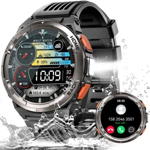 EIGIIS KE5 Military Smart Watch for Men 3ATM Waterproof with LED Flashlight 1.45" Rugged Tactical Smartwatch with Compass Elevation Barometer Sports Fitness Tracker with HR/SPO2/Sleep Monitor for iPhone Android
