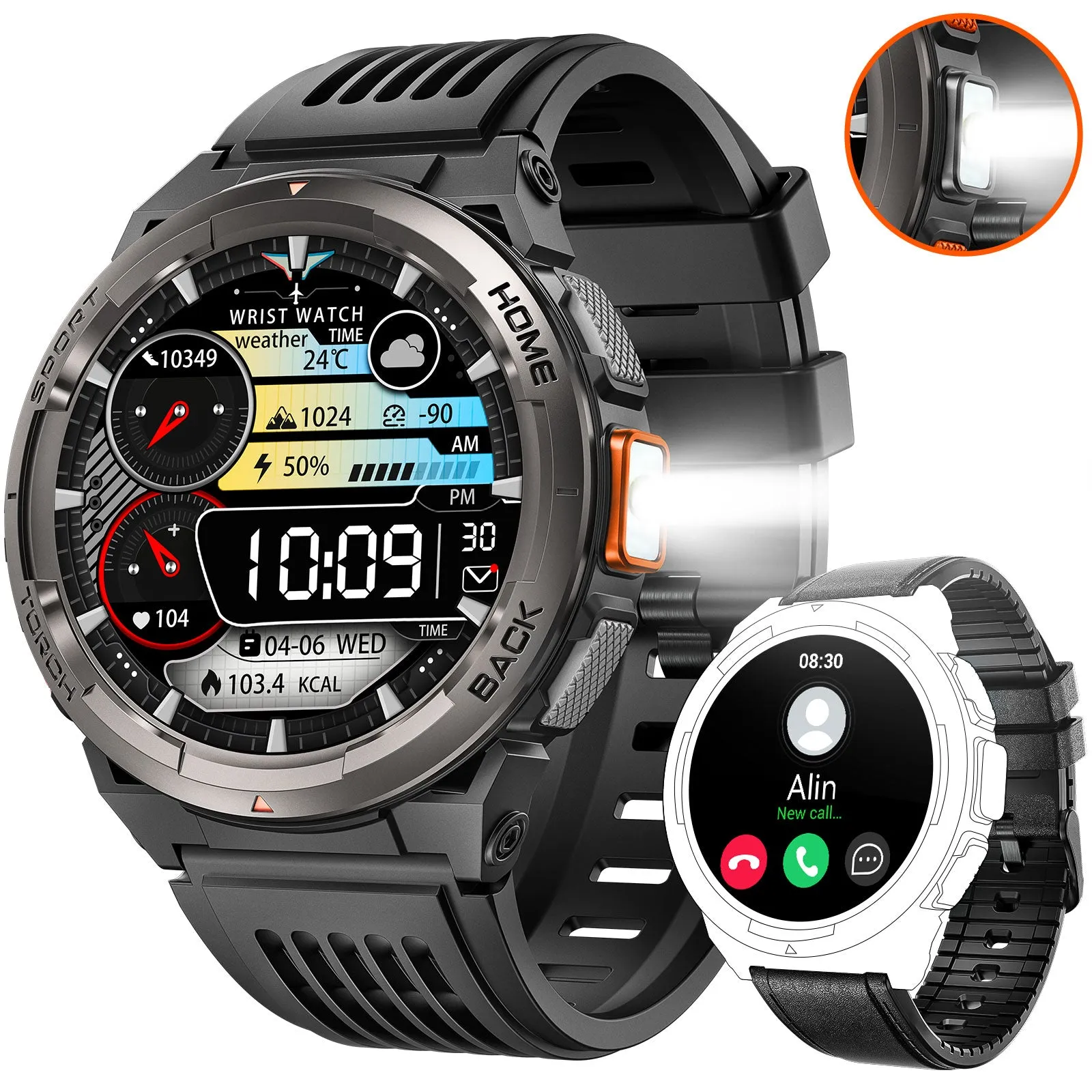 EIGIIS KE5 Military Smart Watch for Men 3ATM Waterproof with LED Flashlight 1.45" Rugged Tactical Smartwatch with Compass Elevation Barometer Sports Fitness Tracker with HR/SPO2/Sleep Monitor for iPhone Android