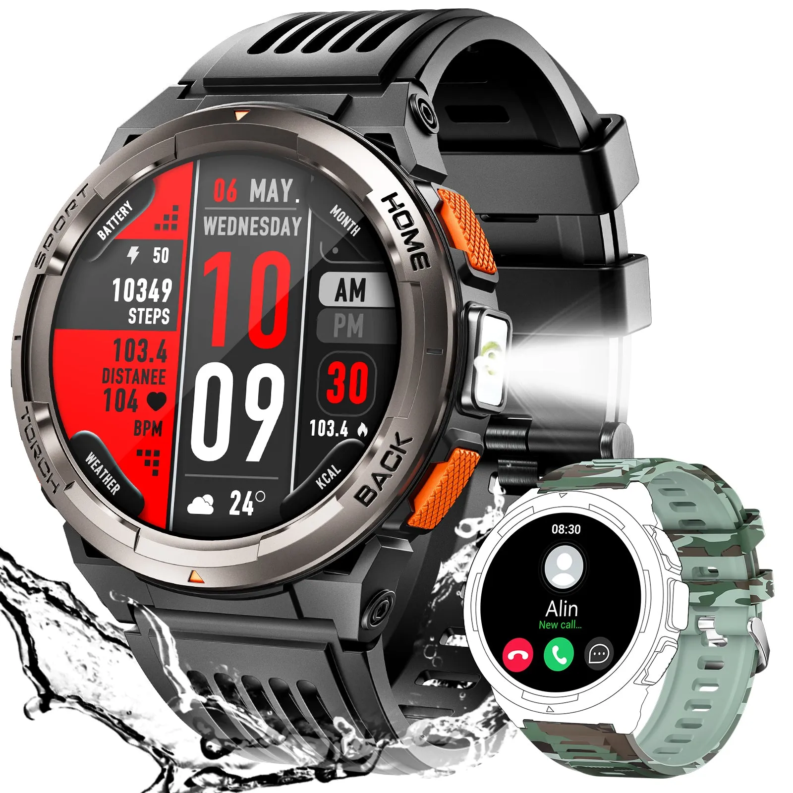 EIGIIS KE5 Military Smart Watch for Men 3ATM Waterproof with LED Flashlight 1.45" Rugged Tactical Smartwatch with Compass Elevation Barometer Sports Fitness Tracker with HR/SPO2/Sleep Monitor for iPhone Android