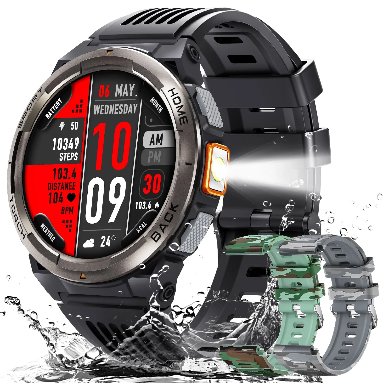 EIGIIS KE5 Military Smart Watch for Men 3ATM Waterproof with LED Flashlight 1.45" Rugged Tactical Smartwatch with Compass Elevation Barometer Sports Fitness Tracker with HR/SPO2/Sleep Monitor for iPhone Android