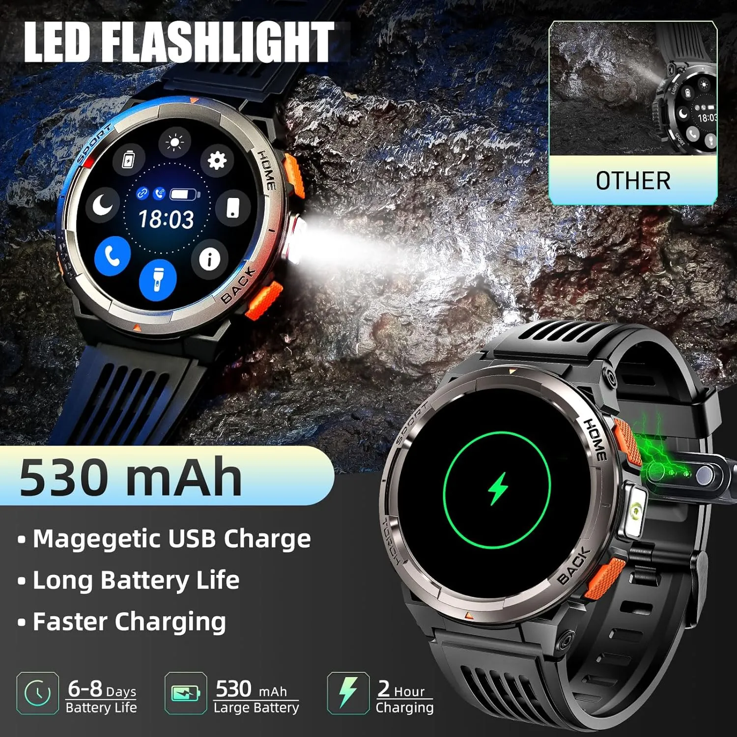 EIGIIS KE5 Military Smart Watch for Men 3ATM Waterproof with LED Flashlight 1.45" Rugged Tactical Smartwatch with Compass Elevation Barometer Sports Fitness Tracker with HR/SPO2/Sleep Monitor for iPhone Android