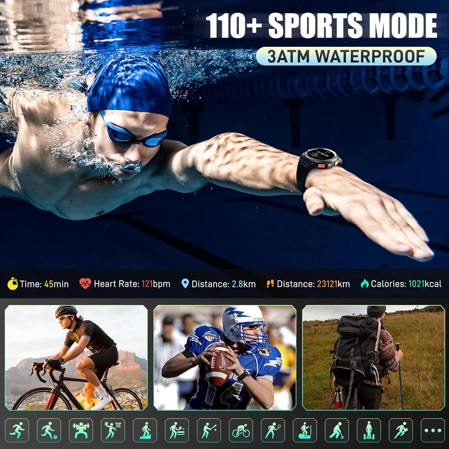 EIGIIS KE5 Military Smart Watch for Men 3ATM Waterproof with LED Flashlight 1.45" Rugged Tactical Smartwatch with Compass Elevation Barometer Sports Fitness Tracker with HR/SPO2/Sleep Monitor for iPhone Android