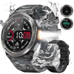 EIGIIS KE5 Military Smart Watch for Men 3ATM Waterproof with LED Flashlight 1.45" Rugged Tactical Smartwatch with Compass Elevation Barometer Sports Fitness Tracker with HR/SPO2/Sleep Monitor for iPhone Android