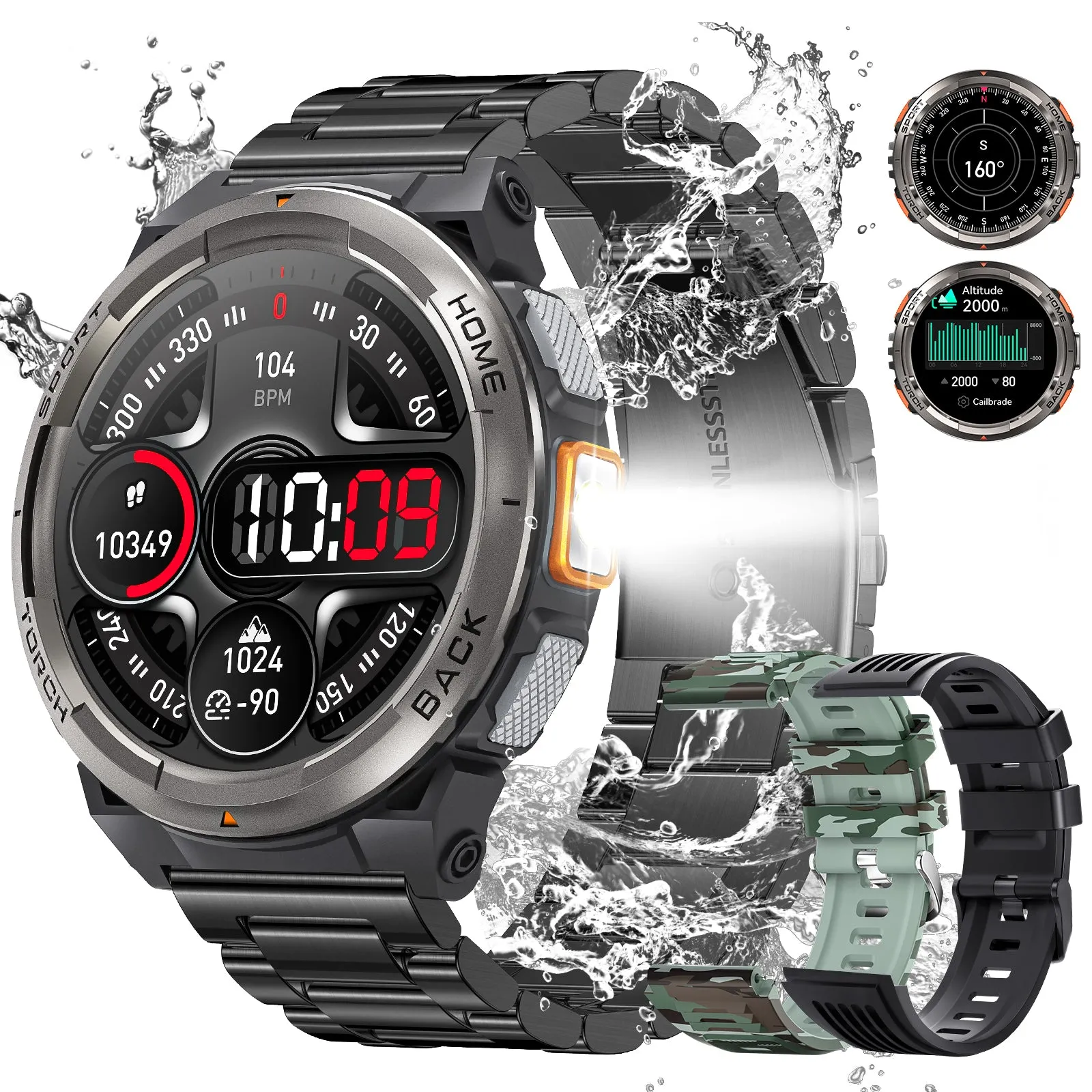 EIGIIS KE5 Military Smart Watch for Men 3ATM Waterproof with LED Flashlight 1.45" Rugged Tactical Smartwatch with Compass Elevation Barometer Sports Fitness Tracker with HR/SPO2/Sleep Monitor for iPhone Android