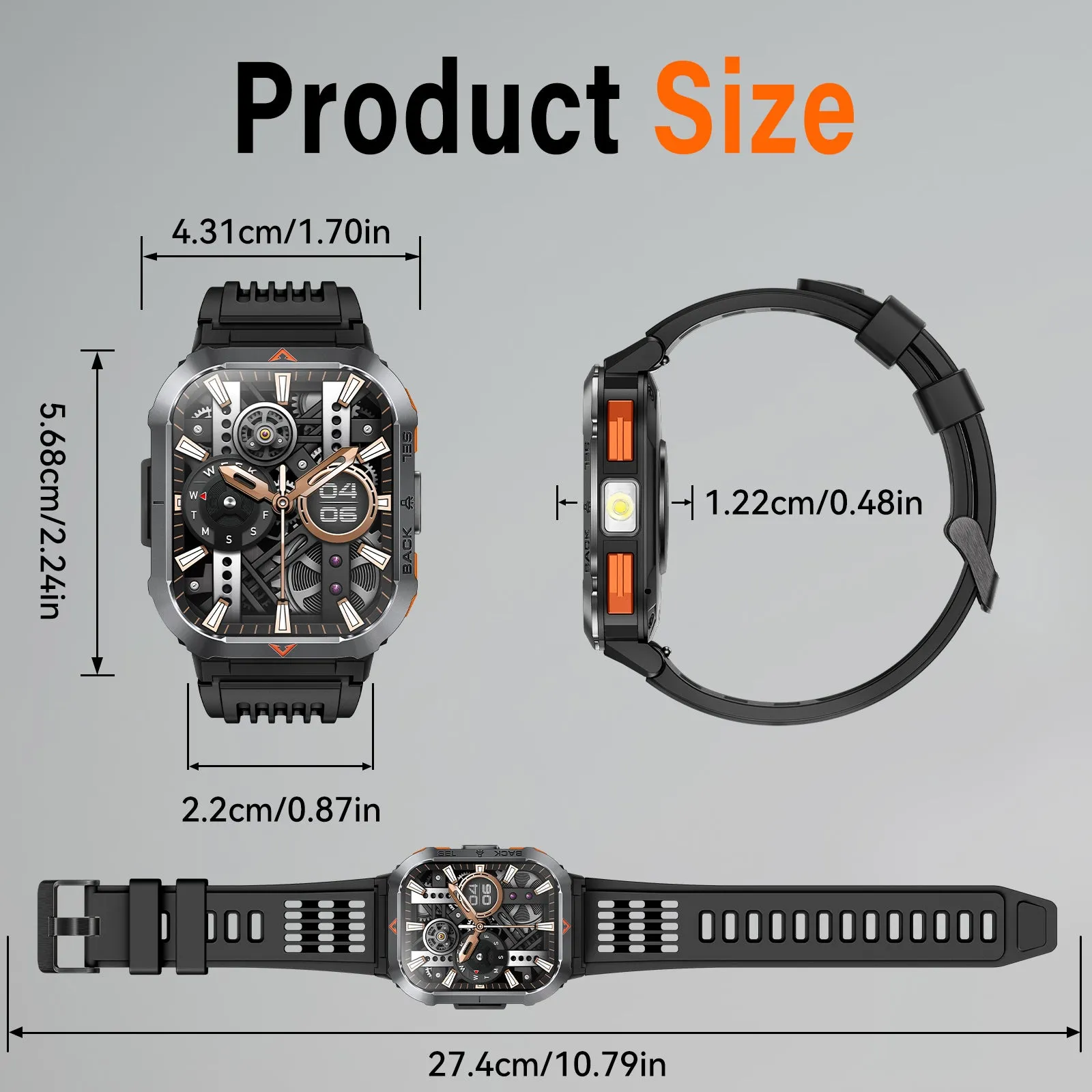 EIGIIS Men's Large Screen Smartwatch, With A 2.02-Inch HD Display, Comes Equipped With An SOS Alarm And Compass.A Handy Torch/Led Lighting On The Side, Compatibility With Both Android And Iphone IPhones, Birthday Gifts, Holiday Gifts