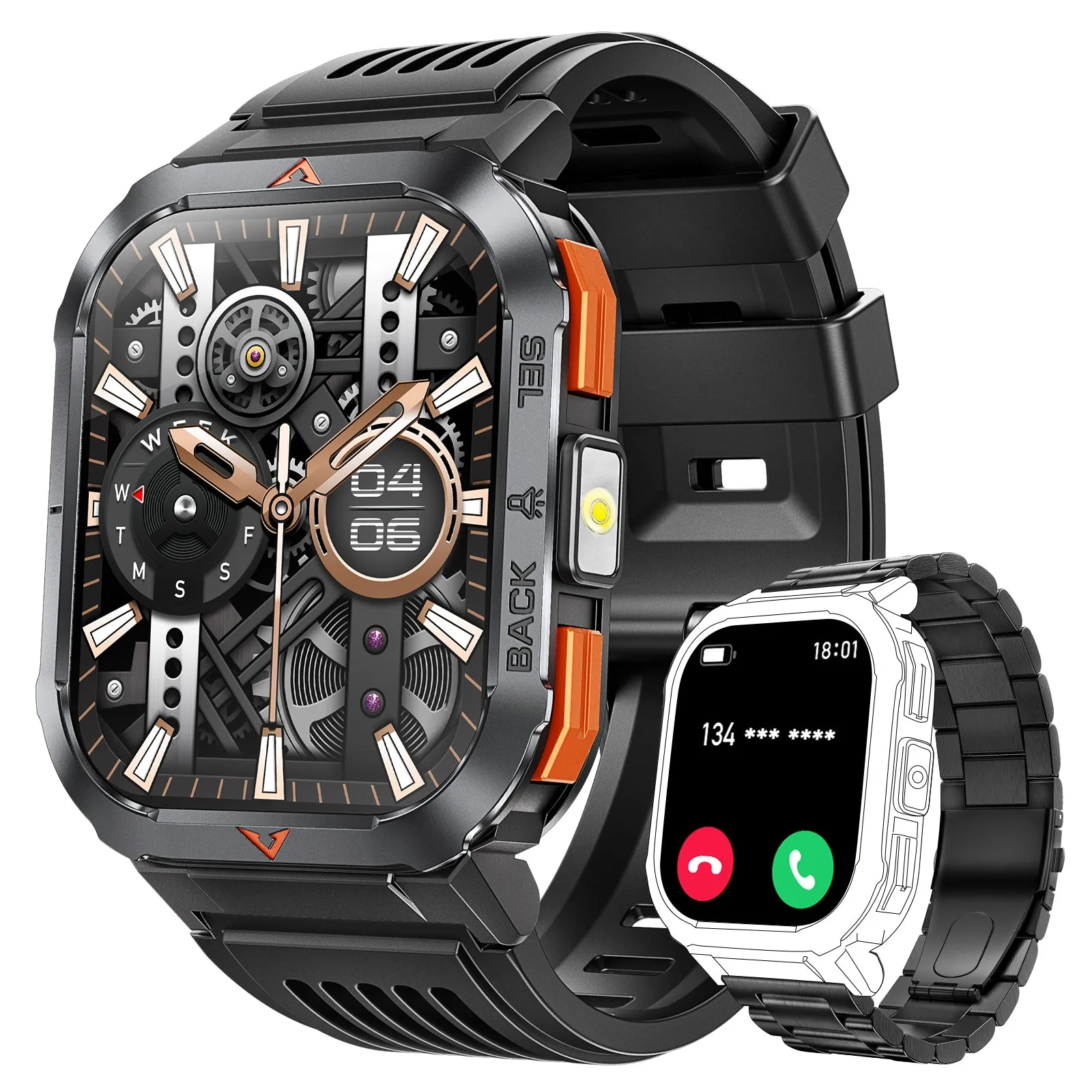 EIGIIS Men's Large Screen Smartwatch, With A 2.02-Inch HD Display, Comes Equipped With An SOS Alarm And Compass.A Handy Torch/Led Lighting On The Side, Compatibility With Both Android And Iphone IPhones, Birthday Gifts, Holiday Gifts