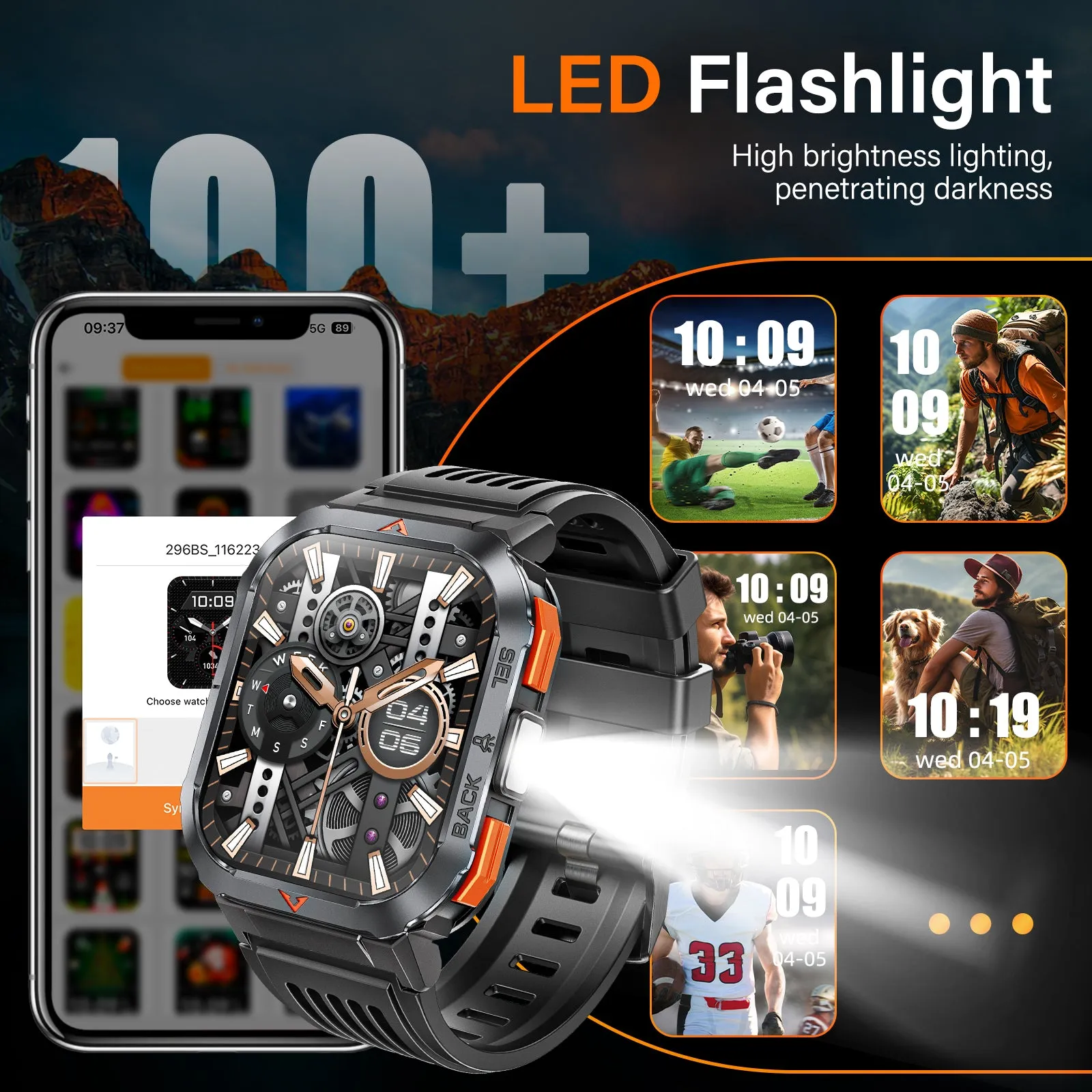 EIGIIS Men's Large Screen Smartwatch, With A 2.02-Inch HD Display, Comes Equipped With An SOS Alarm And Compass.A Handy Torch/Led Lighting On The Side, Compatibility With Both Android And Iphone IPhones, Birthday Gifts, Holiday Gifts