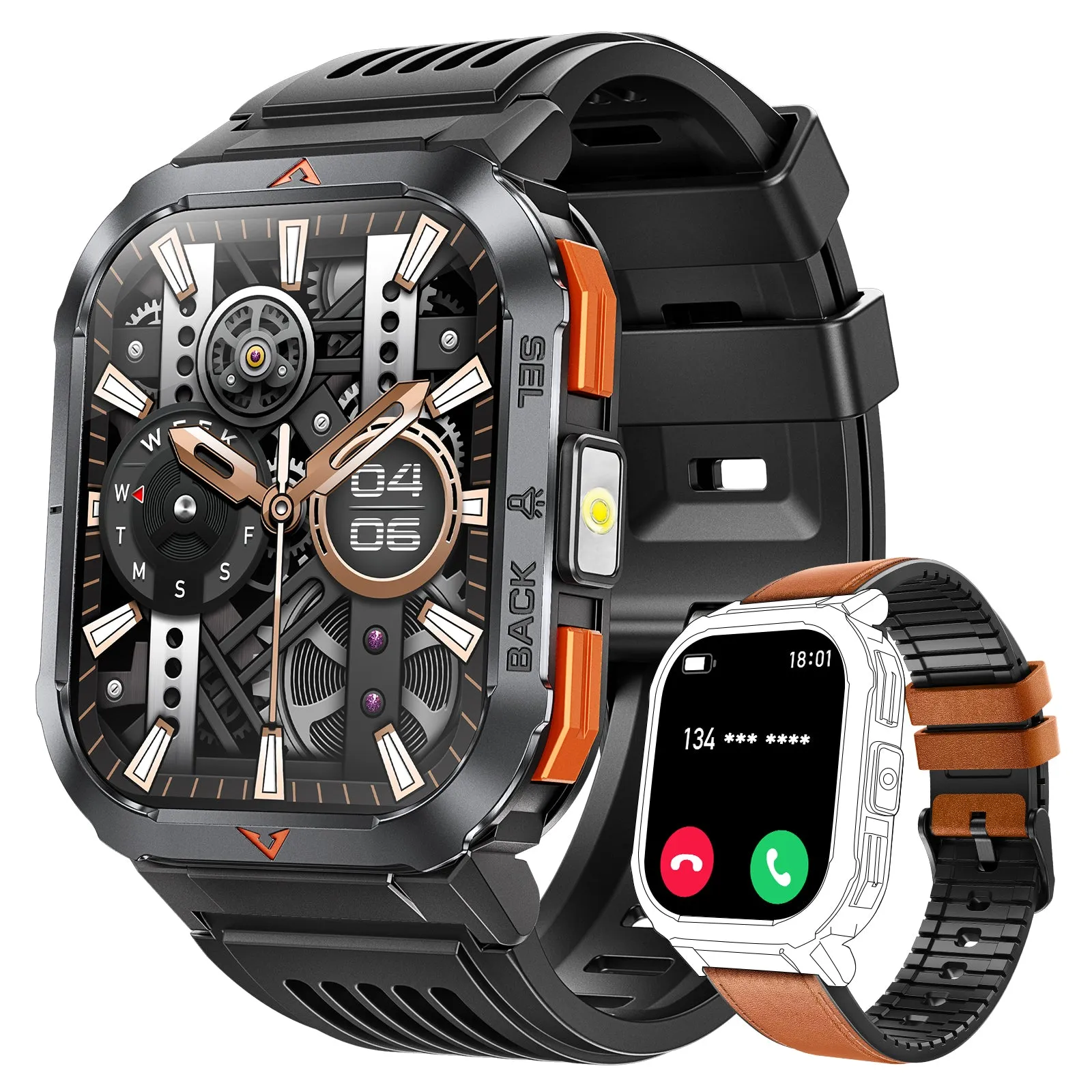 EIGIIS Men's Large Screen Smartwatch, With A 2.02-Inch HD Display, Comes Equipped With An SOS Alarm And Compass.A Handy Torch/Led Lighting On The Side, Compatibility With Both Android And Iphone IPhones, Birthday Gifts, Holiday Gifts