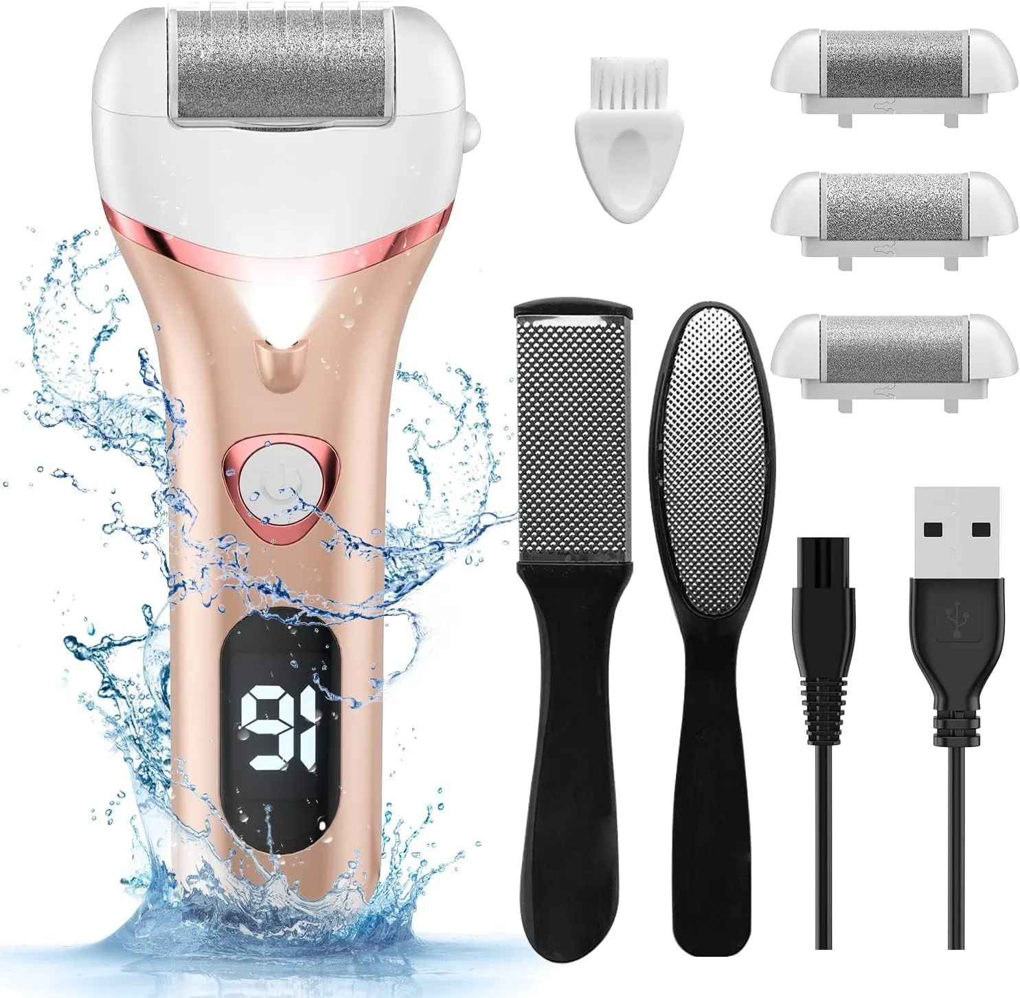Electric Foot Callus Remover, Rechargeable Portable Electronic Foot File Pedicure Kits, Waterproof Foot Scrubber File, Professional Pedicure Tools, Foot Care for Dead Skin Ideal Gift, 3 Rollers