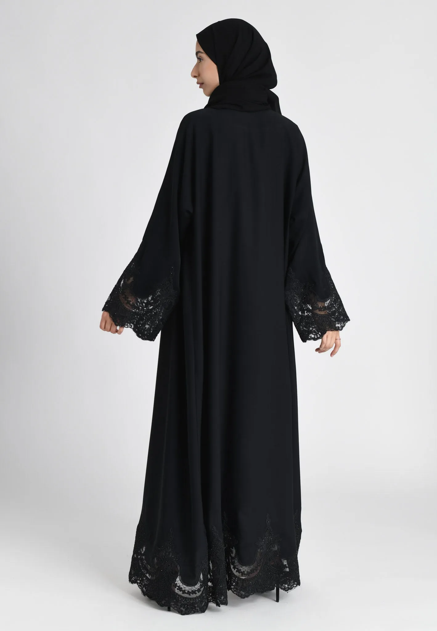 Elegant Black Net Lace Open Abaya (Premium)