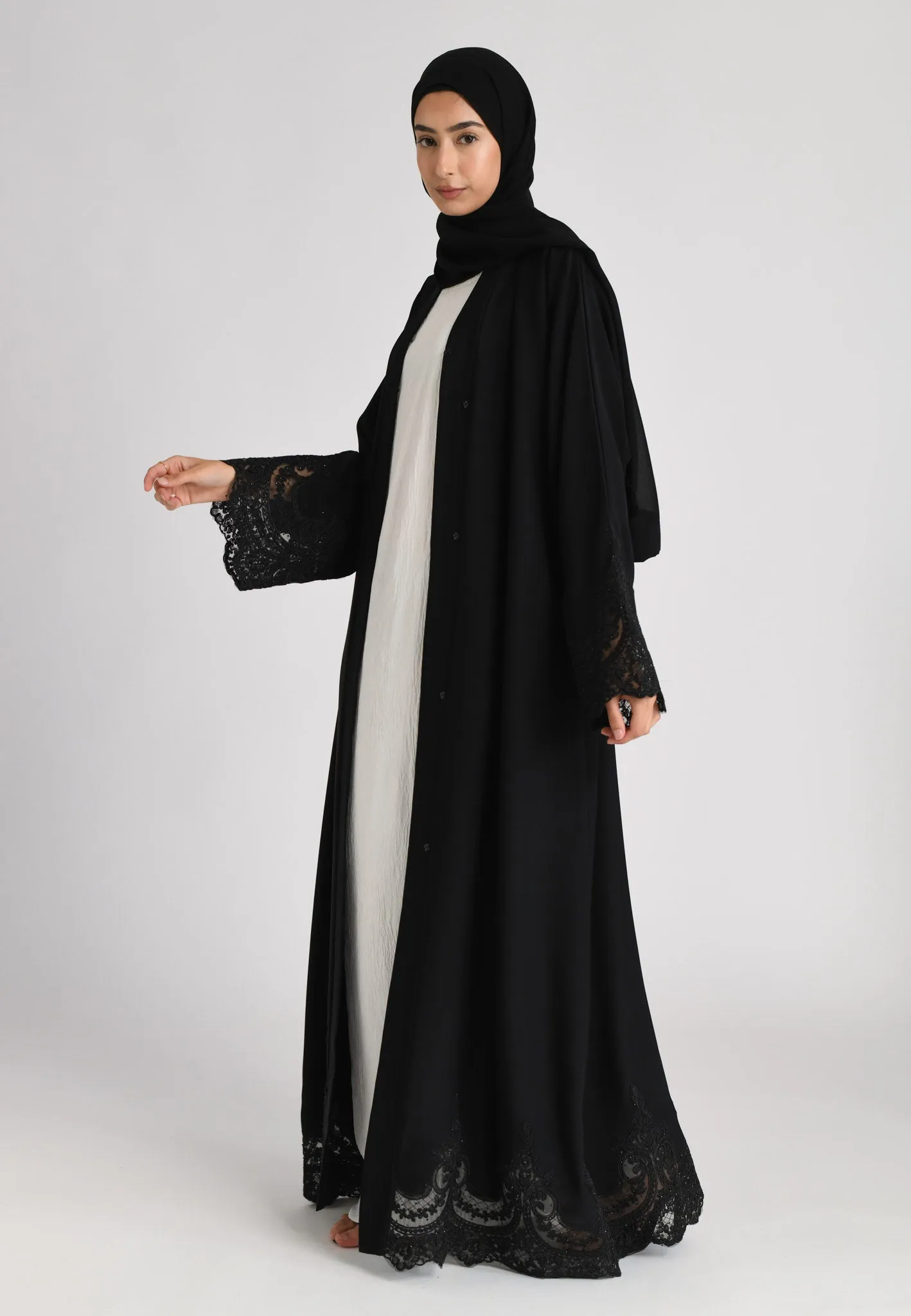 Elegant Black Net Lace Open Abaya (Premium)