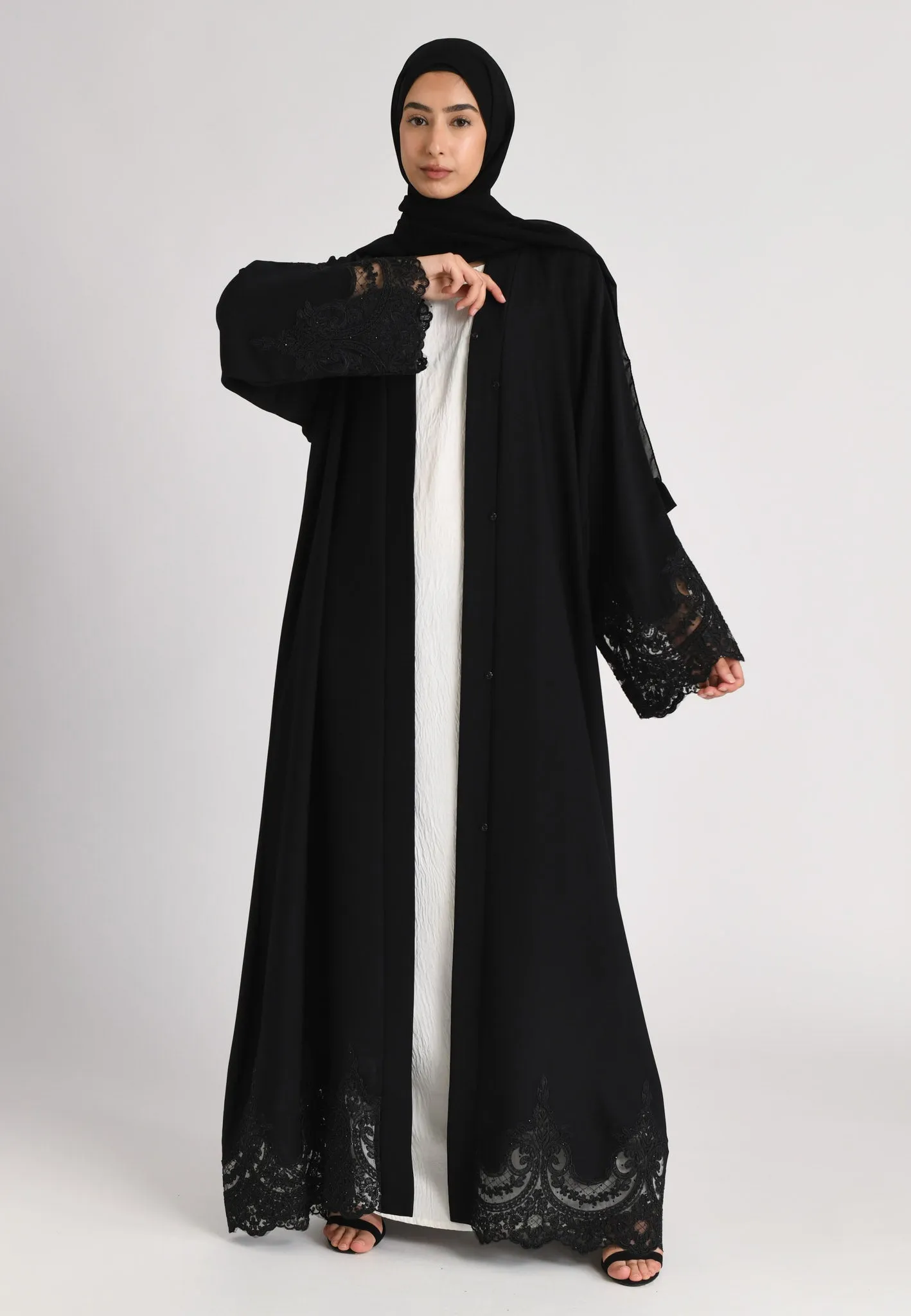 Elegant Black Net Lace Open Abaya (Premium)