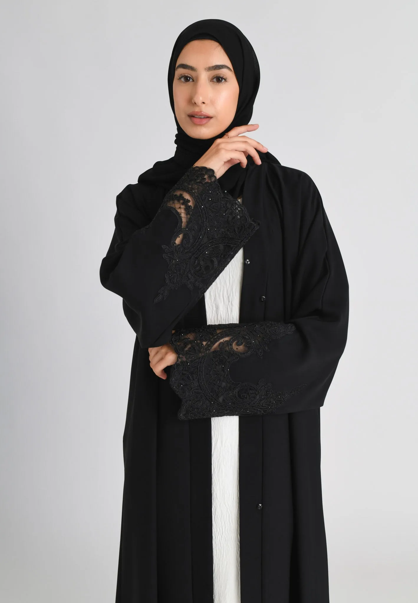 Elegant Black Net Lace Open Abaya (Premium)