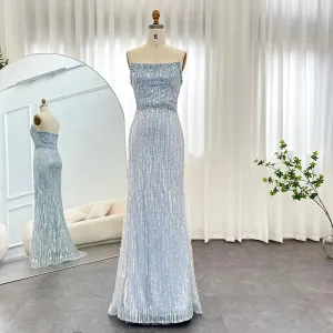 Elegant Strapless Light Blue Pearls Luxury Evening Dress