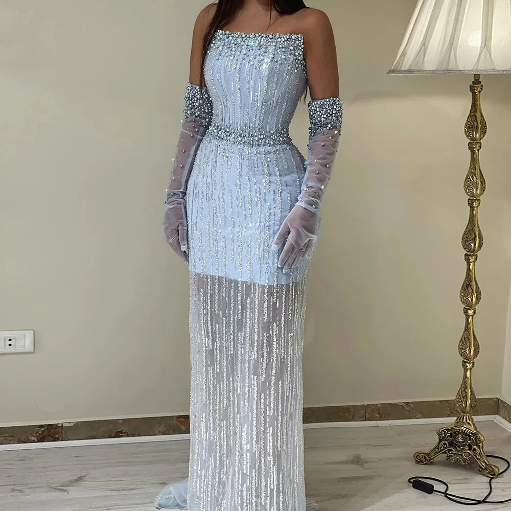 Elegant Strapless Light Blue Pearls Luxury Evening Dress