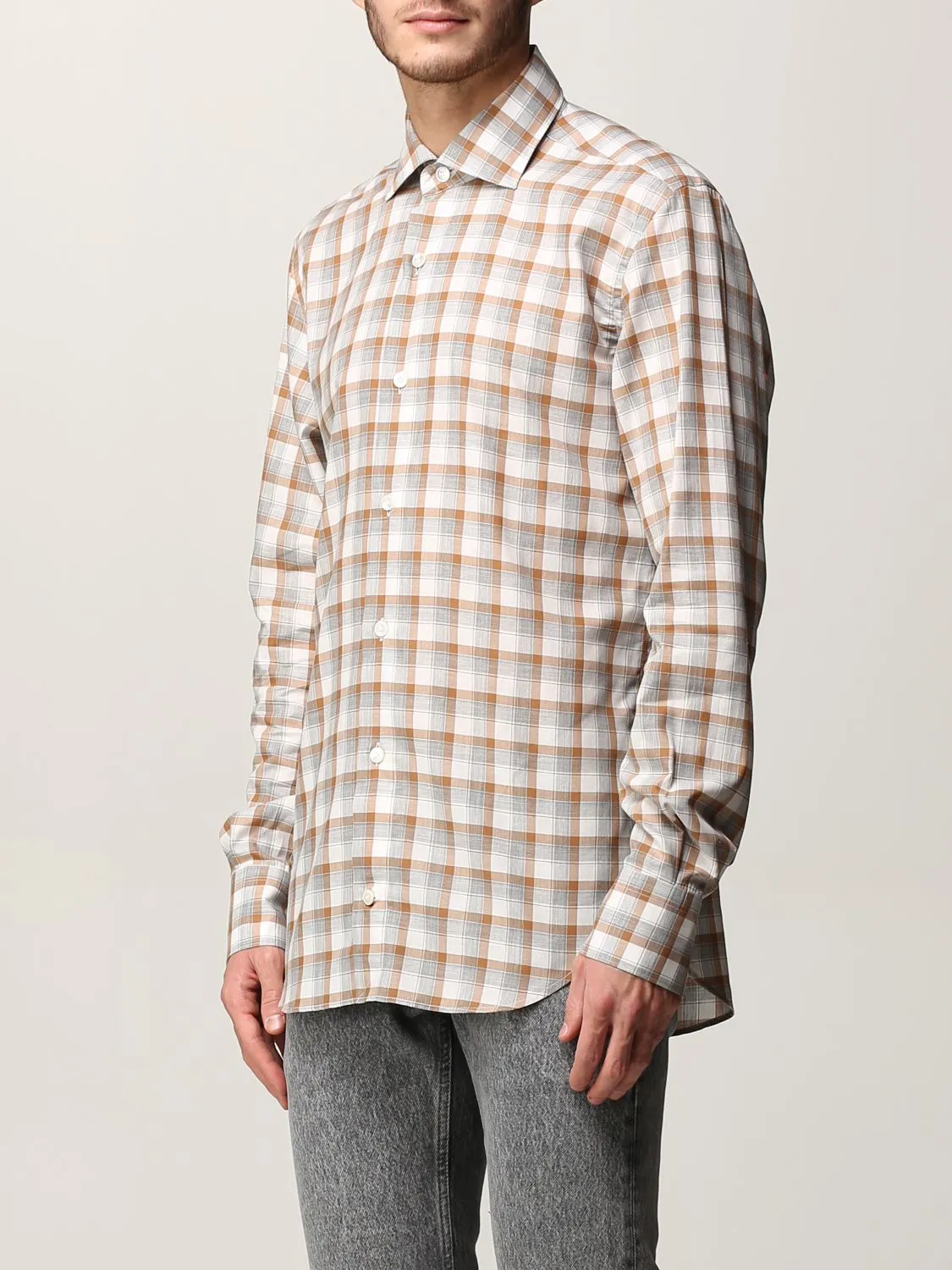 ELEVENTY - Camel/Gray Check Plaid *Wide Spread Collar* Button Down Shirt - XXL