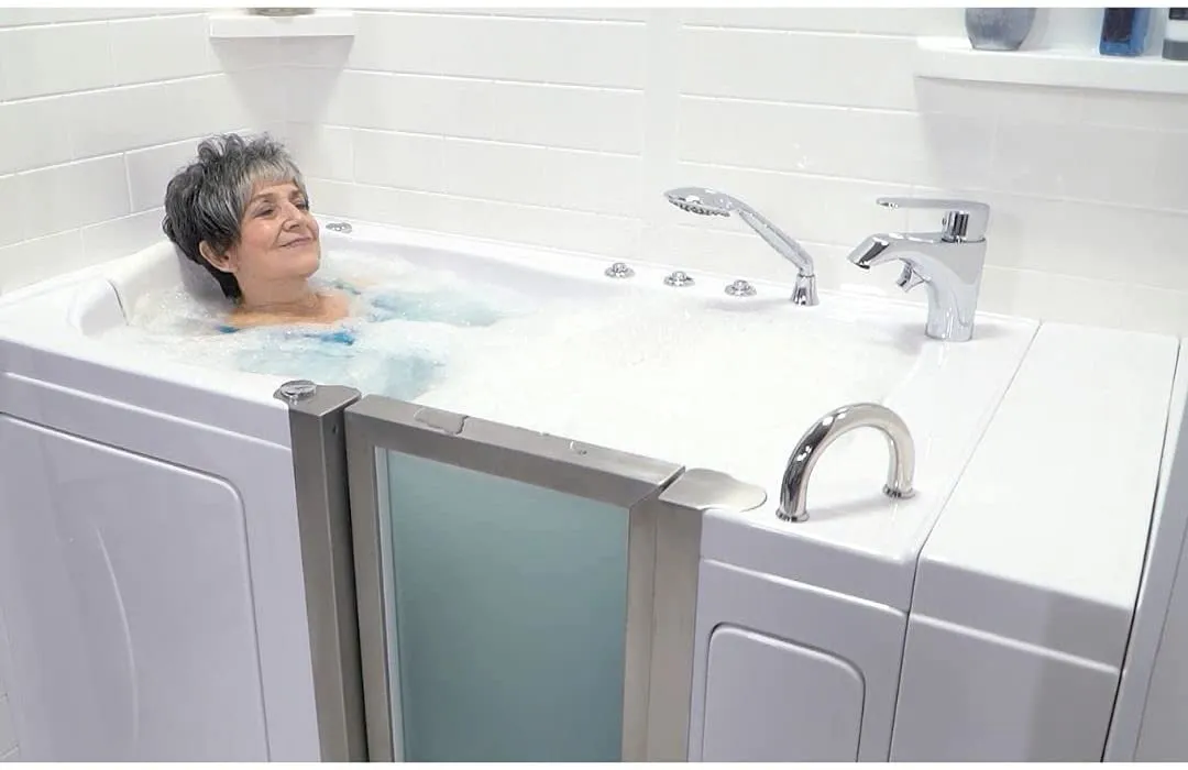 Elite Acrylic Hydro Massage Microbubble Heated Seat Walk-In Tub, Inward Swing Door, Fast Fill Faucet, Right 2" Dual Drain