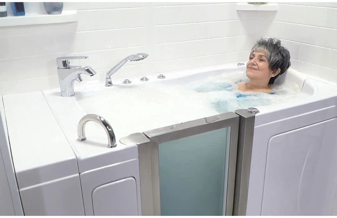 Elite Acrylic Hydro Massage Microbubble Walk-In Tub, Inward Swing Door, 2 Piece Fast Fill Faucet, Left 2" Dual Drain