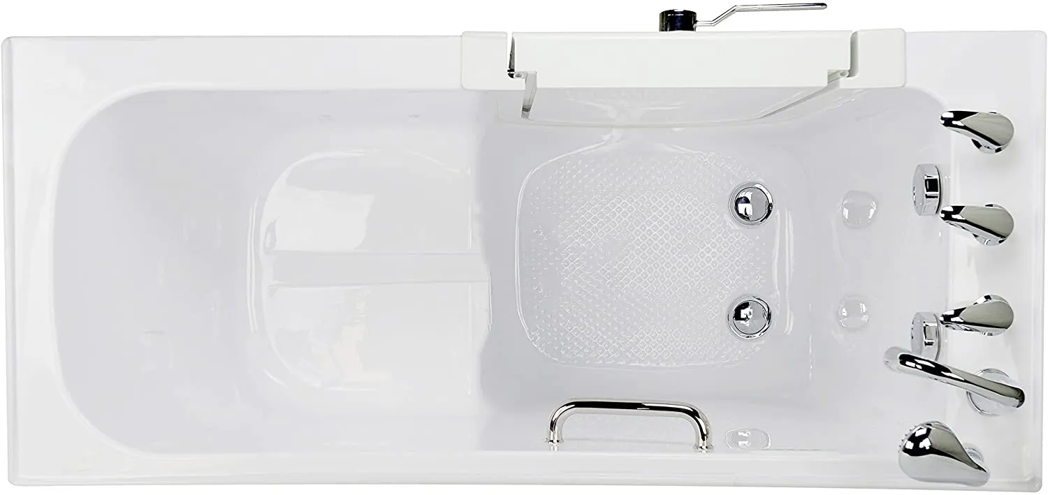 Ella's Bubbles OA2660-H-R-HB Lounger Acrylic Soaking and Heated Seat Walk-in Bathtub with Right Outward Swing Door, Ella 5pc. Fast-Fill Faucet, Dual 2" Drains, 27" x 60" x 43", White