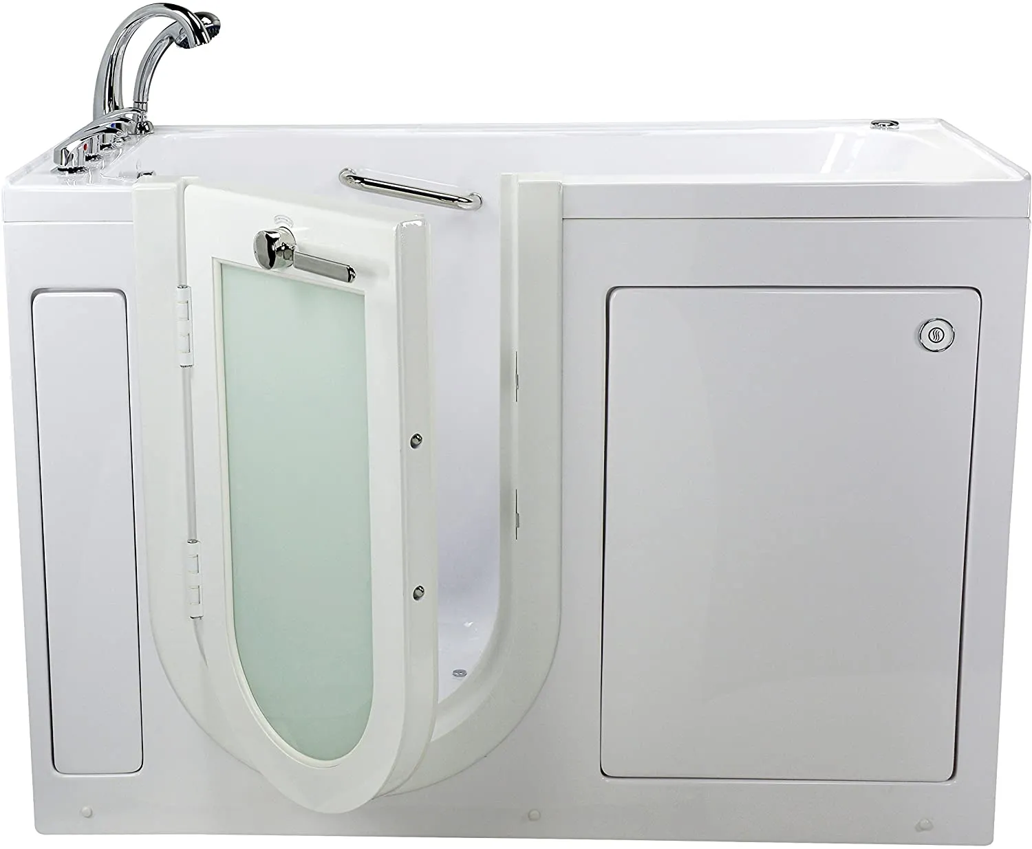 Ella's Bubbles OA2660-H-R-HB Lounger Acrylic Soaking and Heated Seat Walk-in Bathtub with Right Outward Swing Door, Ella 5pc. Fast-Fill Faucet, Dual 2" Drains, 27" x 60" x 43", White