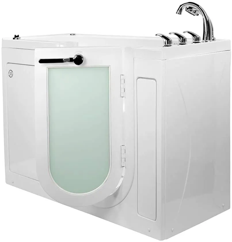 Ella's Bubbles OA2660-H-R-HB Lounger Acrylic Soaking and Heated Seat Walk-in Bathtub with Right Outward Swing Door, Ella 5pc. Fast-Fill Faucet, Dual 2" Drains, 27" x 60" x 43", White