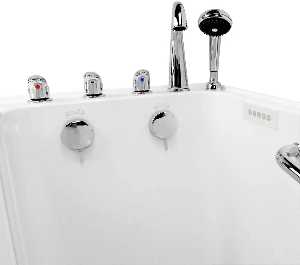 Ella's Bubbles OA2660-H-R-HB Lounger Acrylic Soaking and Heated Seat Walk-in Bathtub with Right Outward Swing Door, Ella 5pc. Fast-Fill Faucet, Dual 2" Drains, 27" x 60" x 43", White